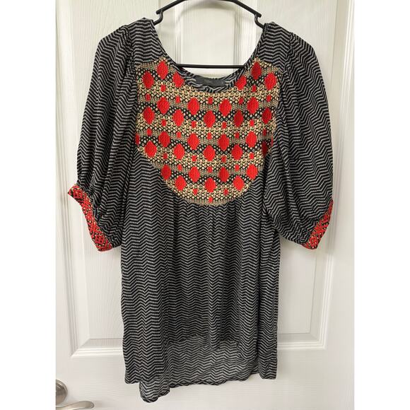THML boho top embroider red stitching black stripe small tunic oversized blouse - Picture 1 of 9